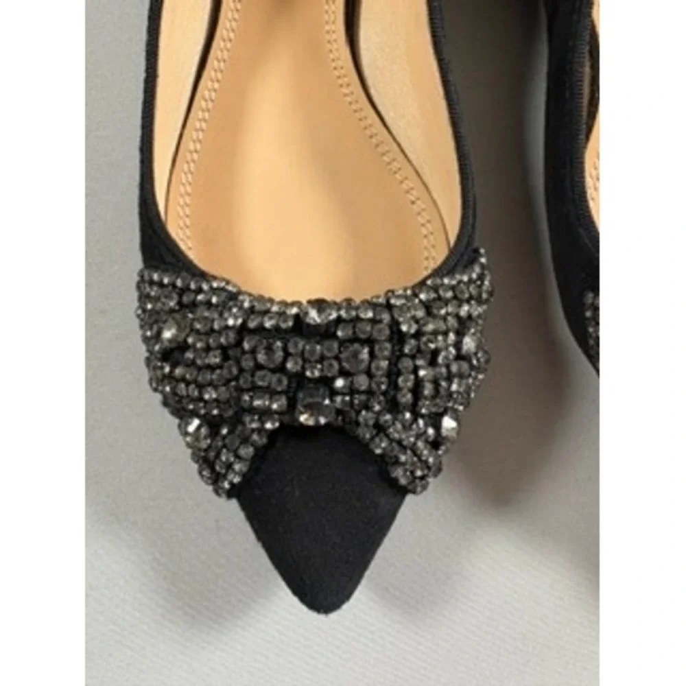 Tory Burch Black Suede Crystal Bow Vanessa Pointed Toe Ballet Flats Shoes 5.5